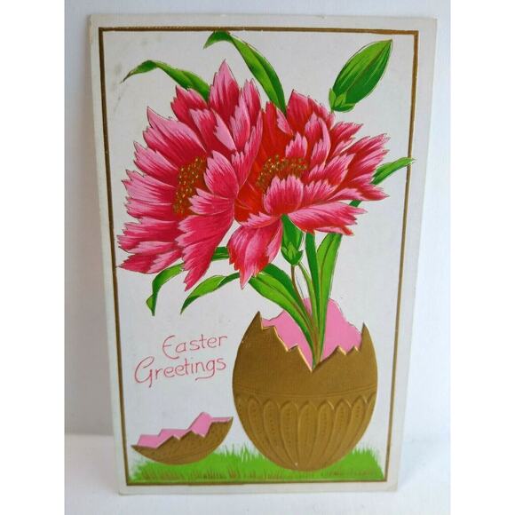 Easter Postcard Vintage Pink Flowers Cracked Egg Vase Germany Embossed Antique - Picture 2 of 3